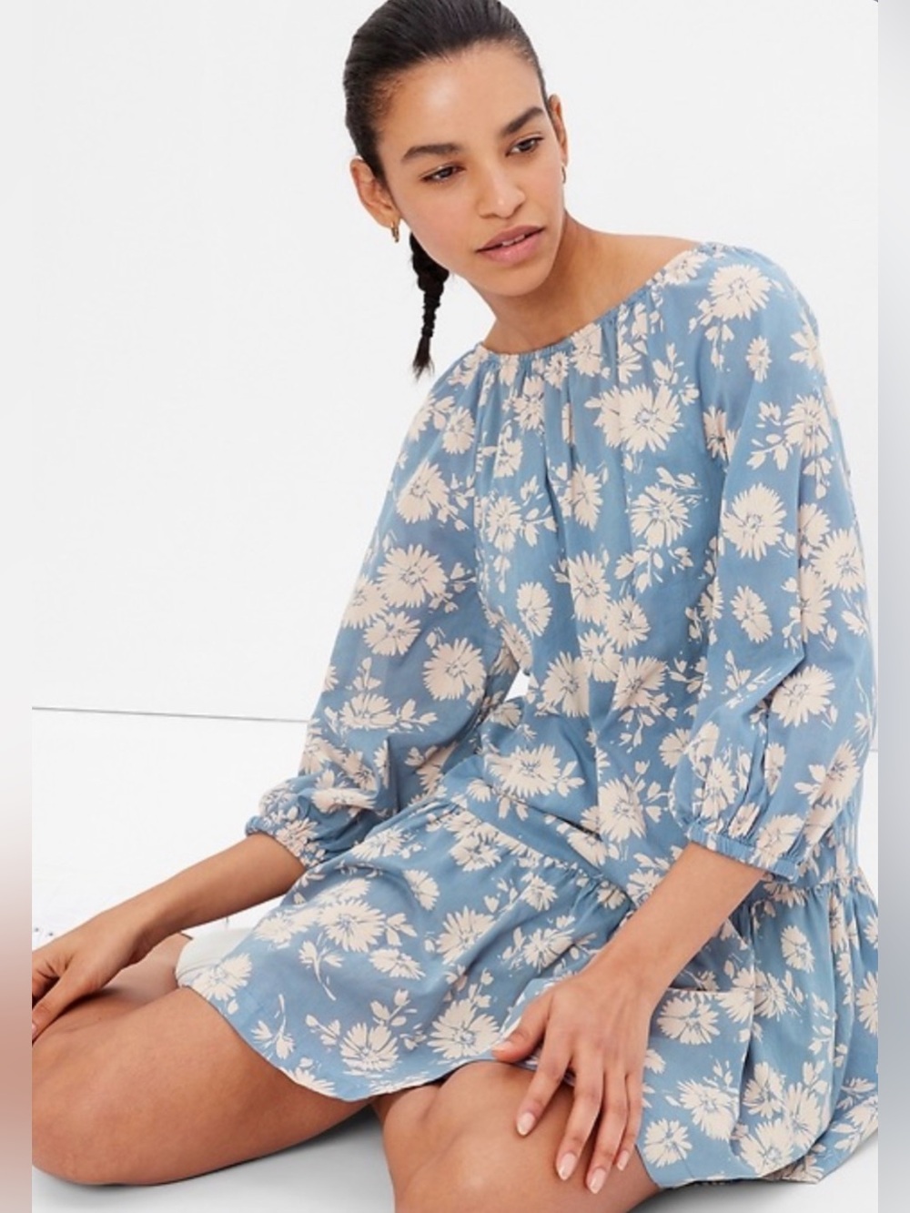 Gap Blue Floral Long Sleeve Mini Dress Open Back Cotton